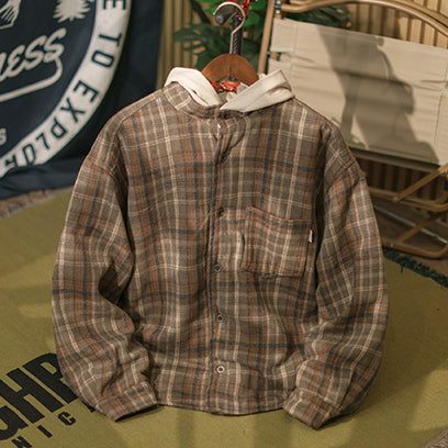 Men's Japanese Style Fake Two-Piece Hooded Plaid Cotton Jacket