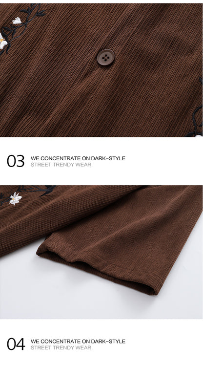 American Retro Floral Embroidery Corduroy Short Sleeve Shirt for Men Summer Trendy Brand Niche Loose Shirt
