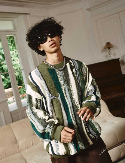 Medria Unisex Retro Bitter Melon Stripe Sweater - Loose Lazy Casual Knitwear