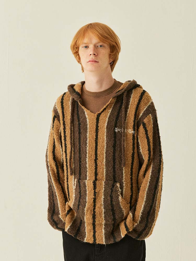 MEDRIA Retro Striped Wool Blend Tibetan Hoodie Autumn Winter Lazy Style Knitted Sweater Unisex Hooded Jacket