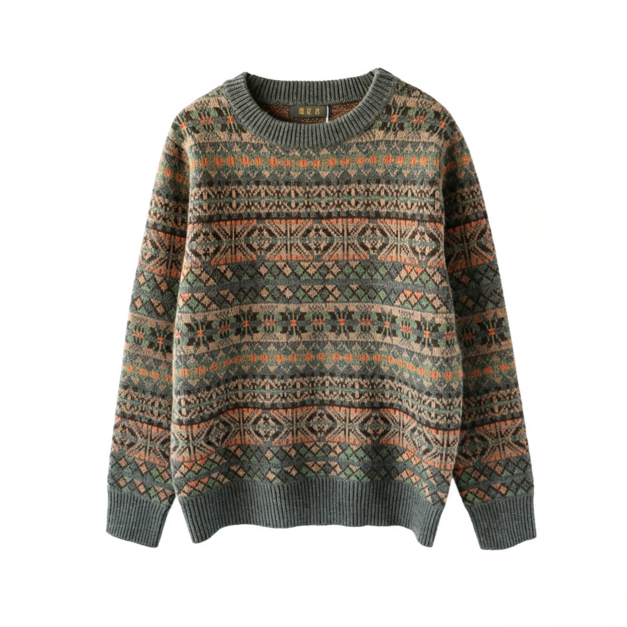 100% Wool Jacquard Stripe Crew Neck Sweater – Men's Thick Knit Pullover