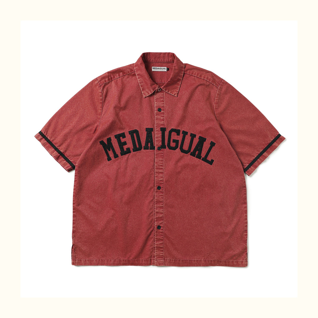 Heavy Washed Patch Embroidery Street Cotton Loose Shirt Men Skateboarding Street Dance Rust Red Short Sleeve