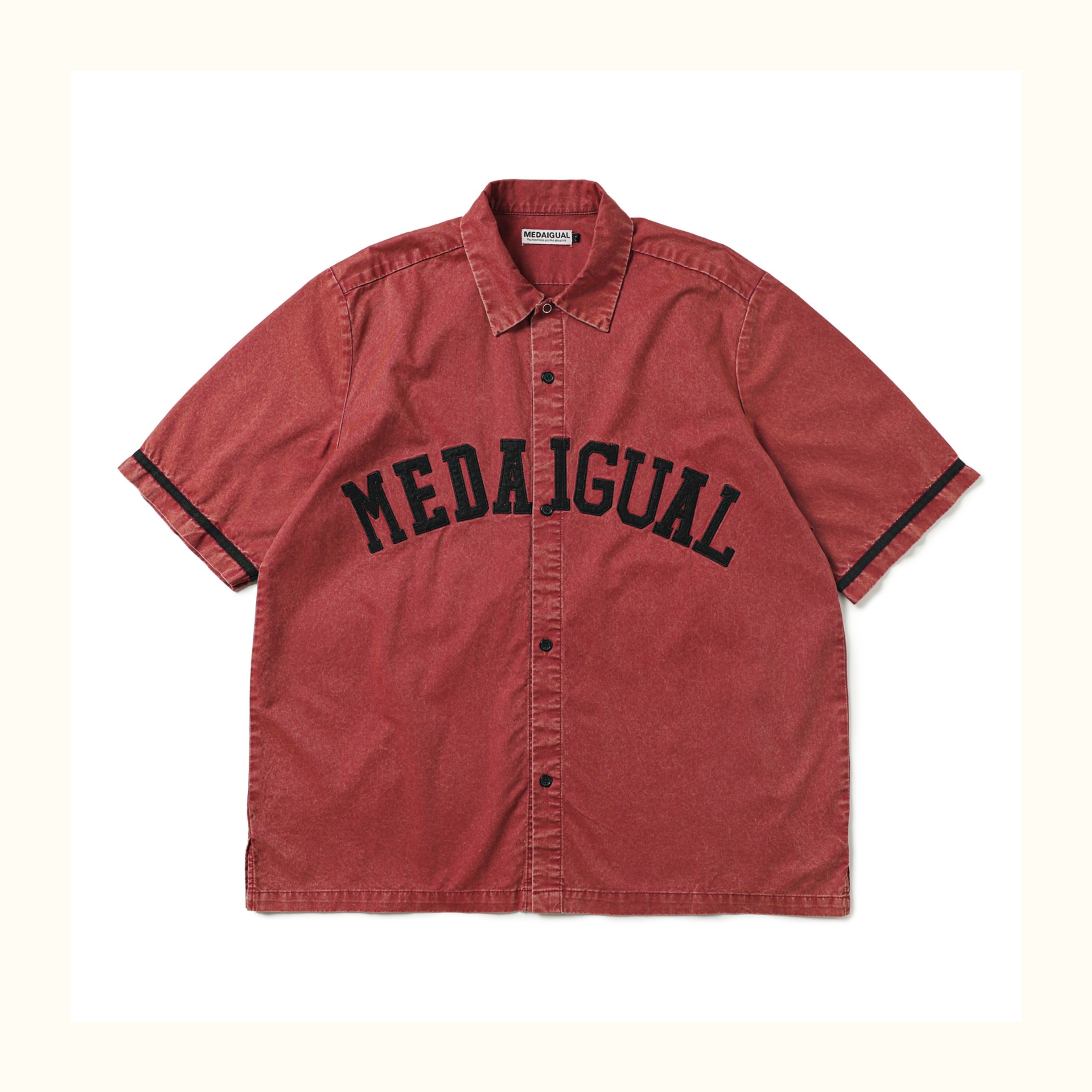 Heavy Washed Patch Embroidery Street Cotton Loose Shirt Men Skateboarding Street Dance Rust Red Short Sleeve