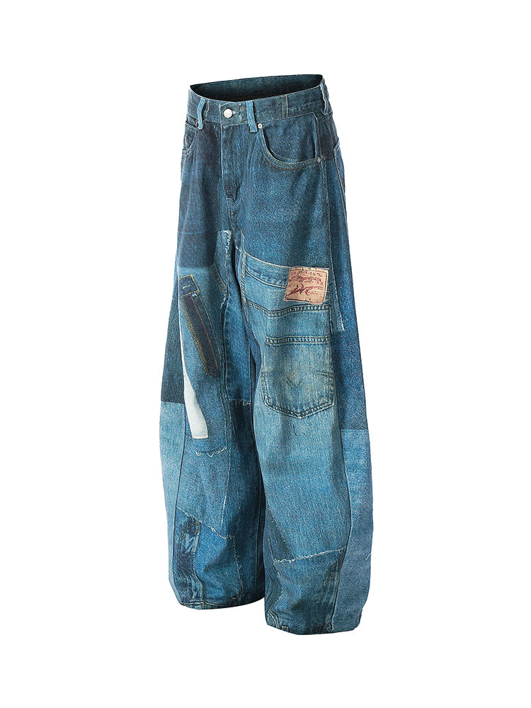 Printed Washed Denim Fabric Creative Design Color Block Feel Scimitar Pants Wide Leg Jeans