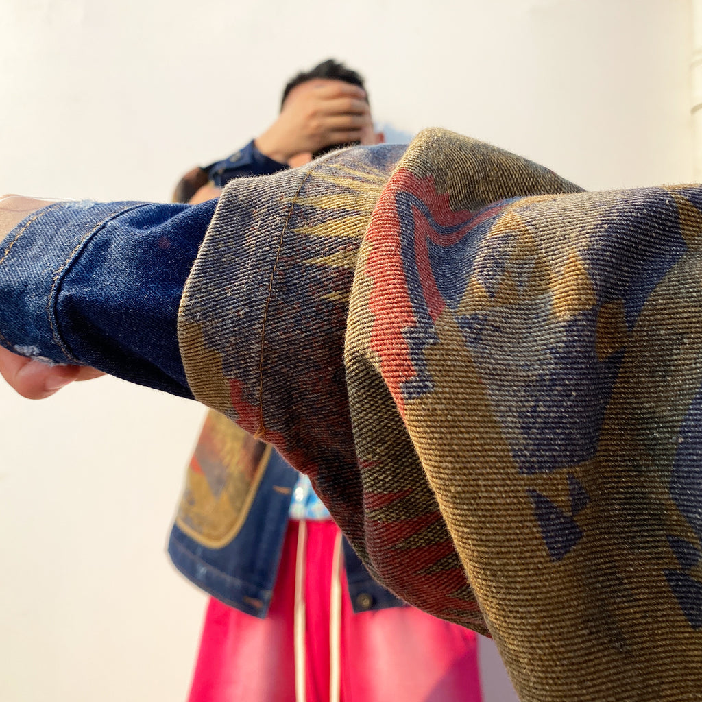 Shanwu Patchwork Blue Lapel Jacket – Retro American Streetwear, Unisex