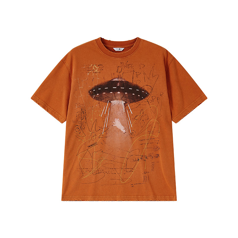 Alien Piggy 230g UFO Piggy Print Orange Short Sleeve T-Shirt