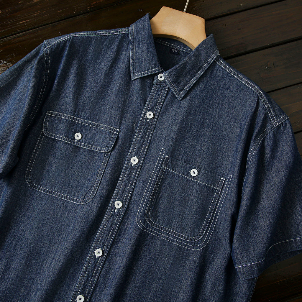 Pure Cotton Enzyme Wash! Export Surplus Men's Summer Turn-down Collar Denim Short Sleeve Shirt Top