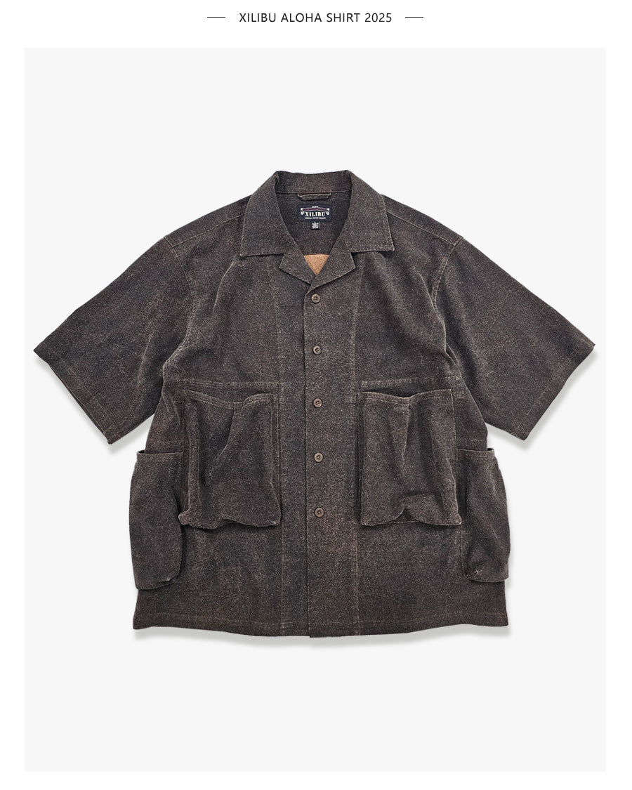 Wild Silk Cuban Collar Half Sleeve Shirt Men's Dye Yam Dyed Tussah Silk Aloha Retro Short Sleeve Shirt Summer