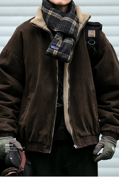 Men's Japanese Retro Lamb Wool Jacket - Thickened Stand Collar Couple Cotton Coat