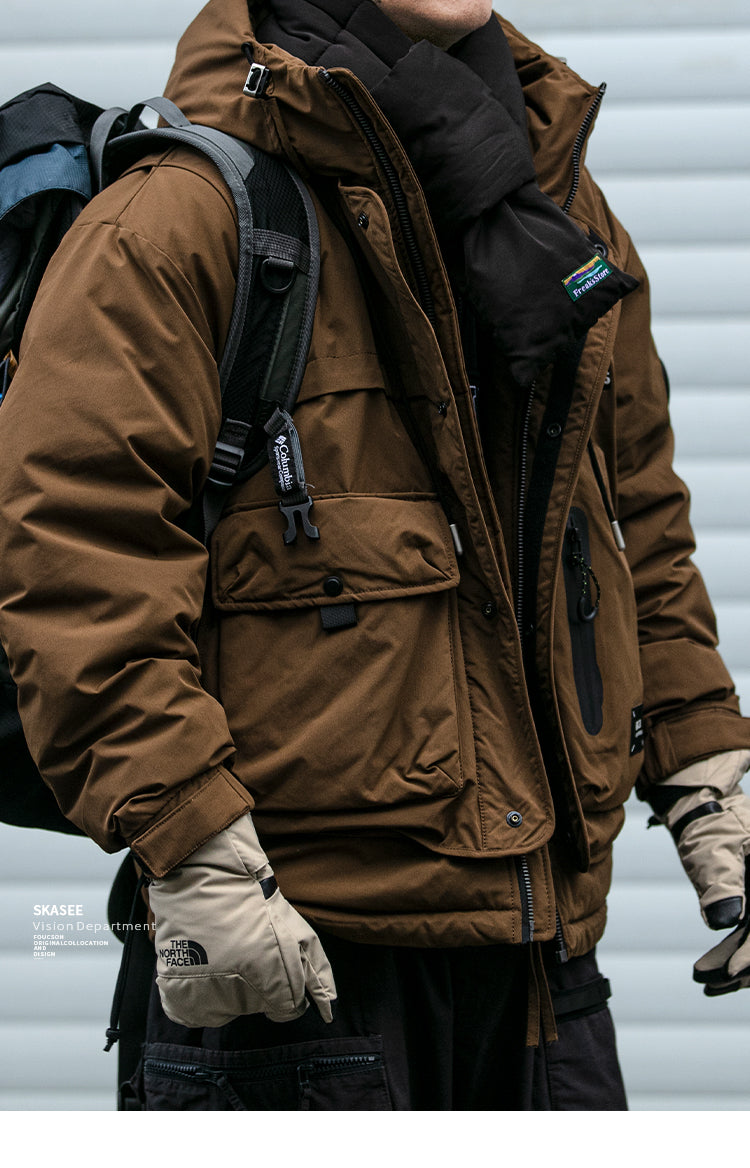 Winter Workwear Hooded Down Jacket Men's Trendy Loose Outdoor Multi-Pocket Functional 90% White Duck Down Warm Coat Trendy