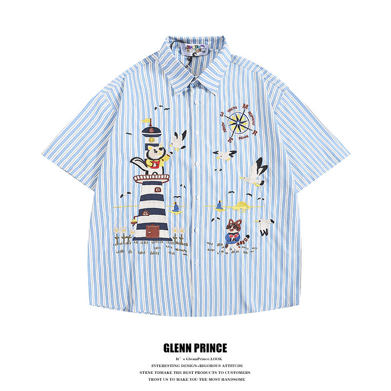 Japanese Style Trendy Cartoon Embroidery Vertical Striped Short Sleeve Shirt for Men Summer Loose Couple Half Sleeve Shirt