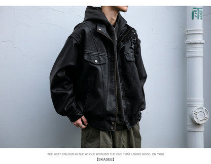 Men's American Retro Leather Jacket - Lychee Grain Stand Collar Motorcycle Coat