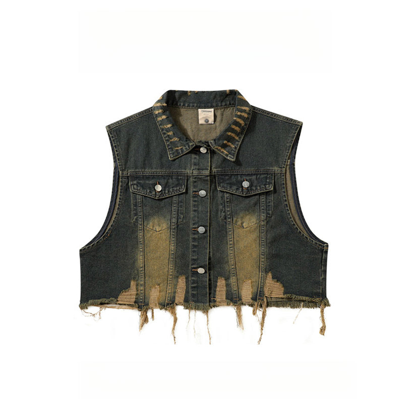 Vintage Distressed Turn-Down Collar Short Fringe Raw Edge Denim Vest Men's Functional Style Workwear Stylish Vintage Vest