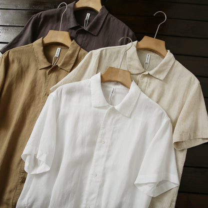 Cool Antibacterial Linen/Lyocell Men's Summer Turn-down Collar Loose Casual Short Sleeve Shirt Top