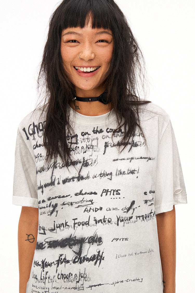 Handwritten Print Soft Skin-friendly Distressed Loose Short Sleeve T-shirt