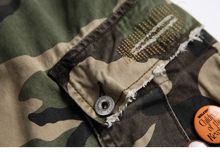 Men's American Street Retro Cargo Pants - Camouflage Heavy Washed Ripped Straight-Leg Pants