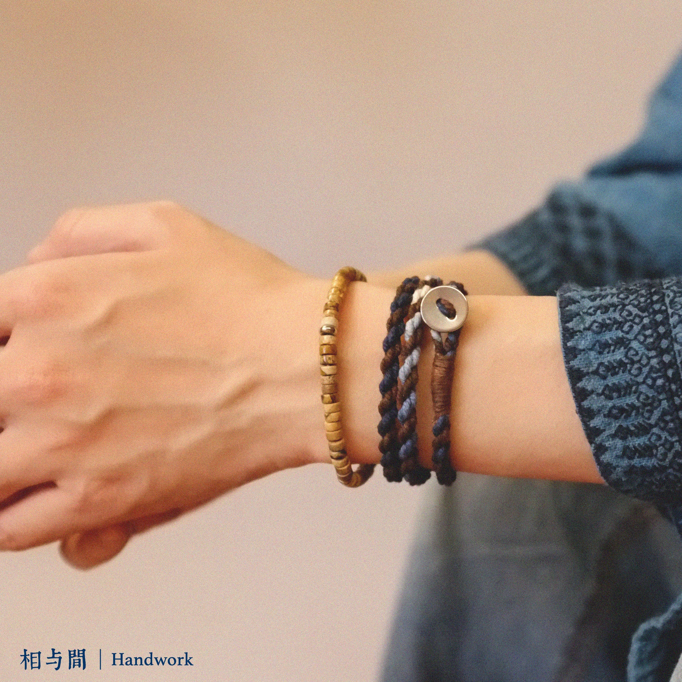 Original Four-Strand Weaving Blue Dye + Persimmon Dye Bracelet Cotton Linen Niche Couple Retro Multi-Hoop Bracelet