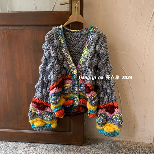 Women's 2023 Autumn Winter Handmade Color Block Cardigan - 3D Particle Ball V-Neck Loose Lazy Knitted Coat