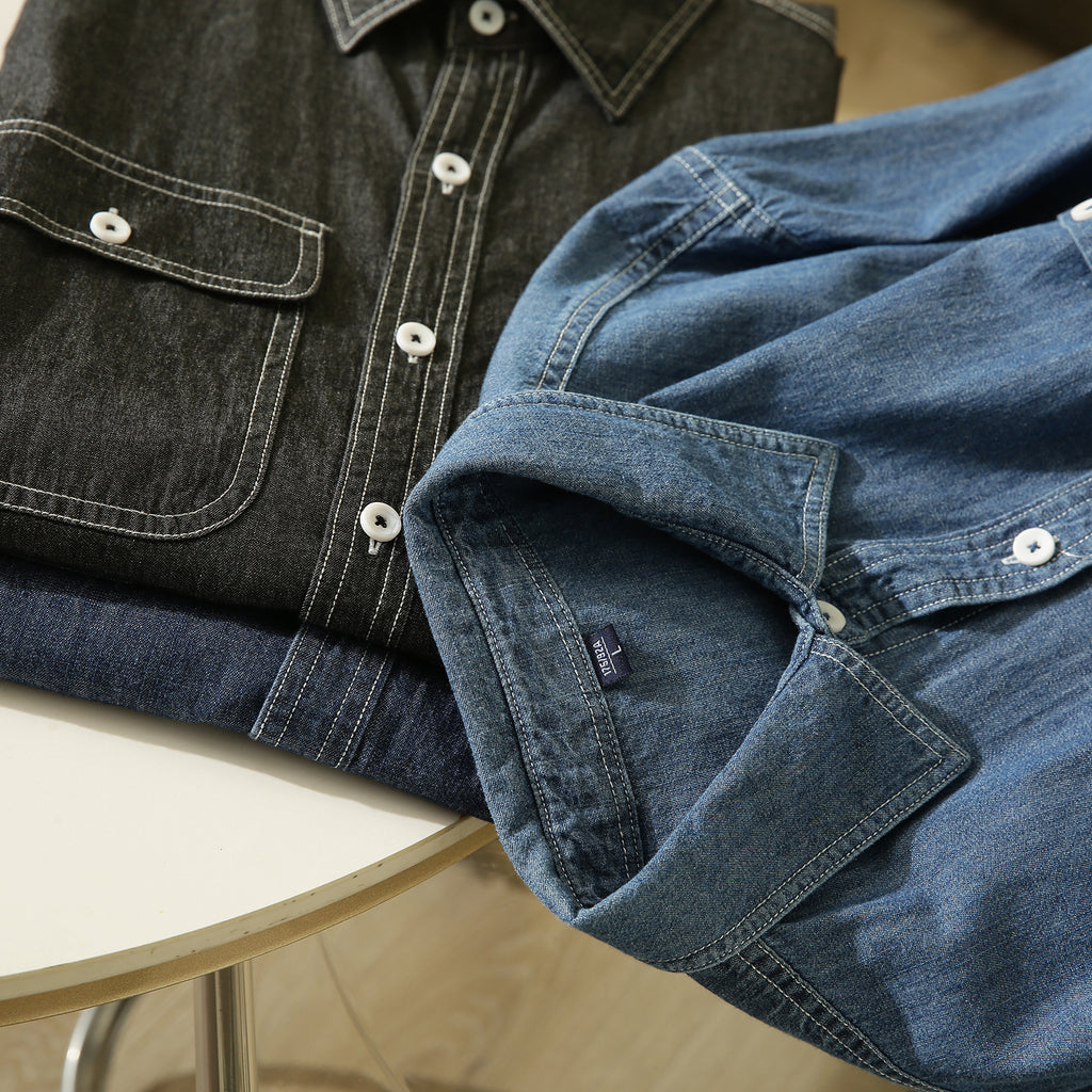 Pure Cotton Enzyme Wash! Export Surplus Men's Summer Turn-down Collar Denim Short Sleeve Shirt Top