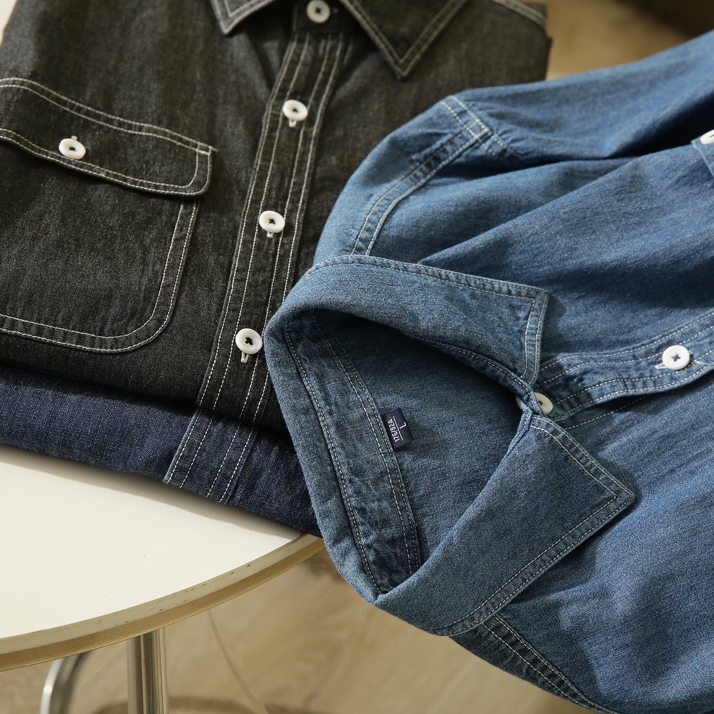 Pure Cotton Enzyme Wash! Export Surplus Men's Summer Turn-down Collar Denim Short Sleeve Shirt Top