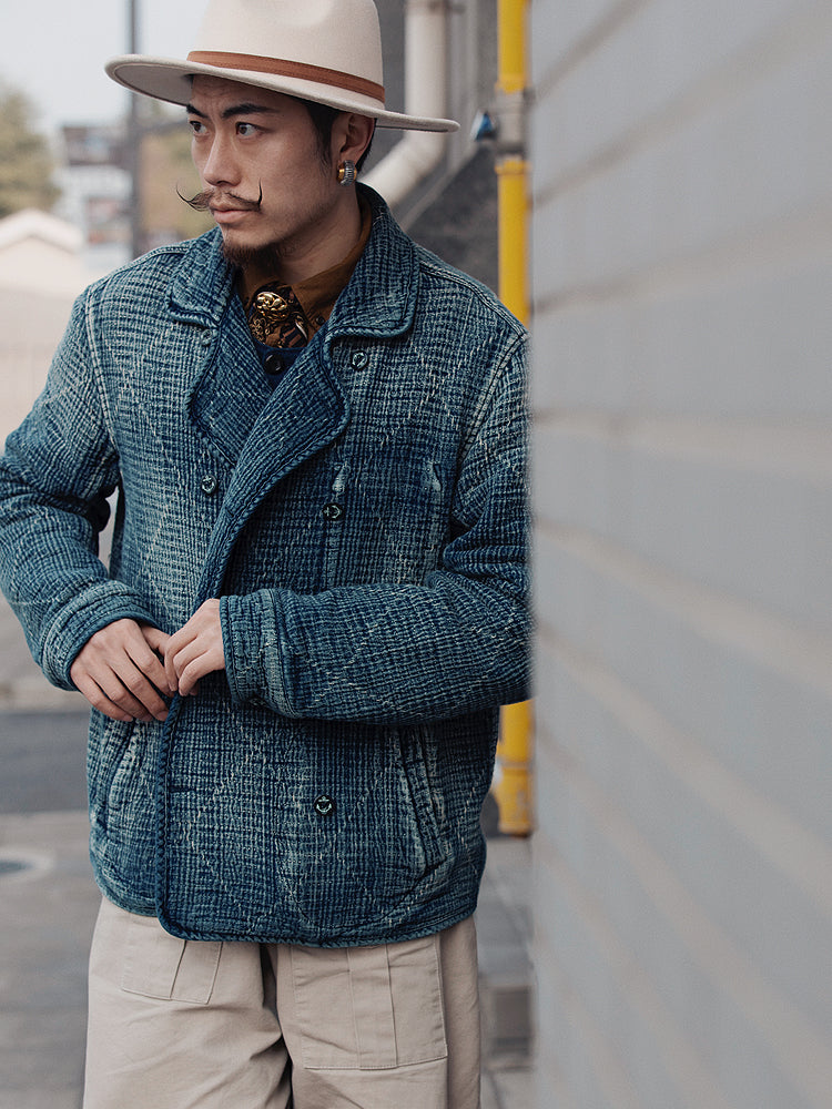 Retro Sashiko Washed Double-Breasted Jacket – Heavy Indigo Denim Workwear (Unisex)