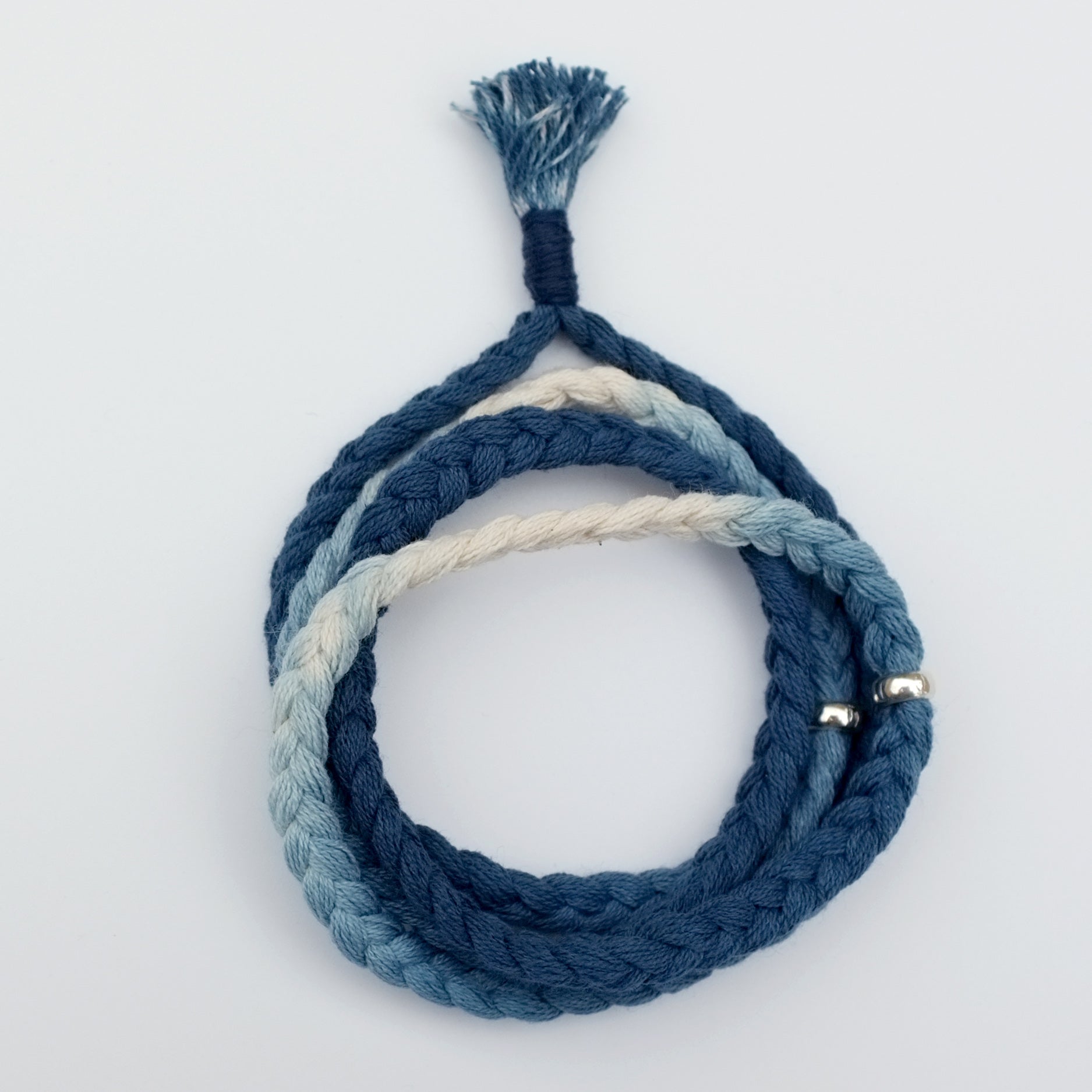 Original Indigo Dyed Vintage Indian Three-Strand Braided Silver Bead Necklace Plant-Dyed Hand Rope