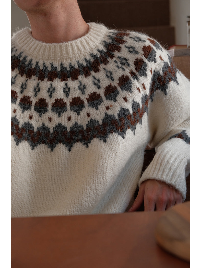 Coke Life CARPEM Winter Fair Isle Sweater - Thickened Coarse Knit Handmade Jacquard Round Neck Top