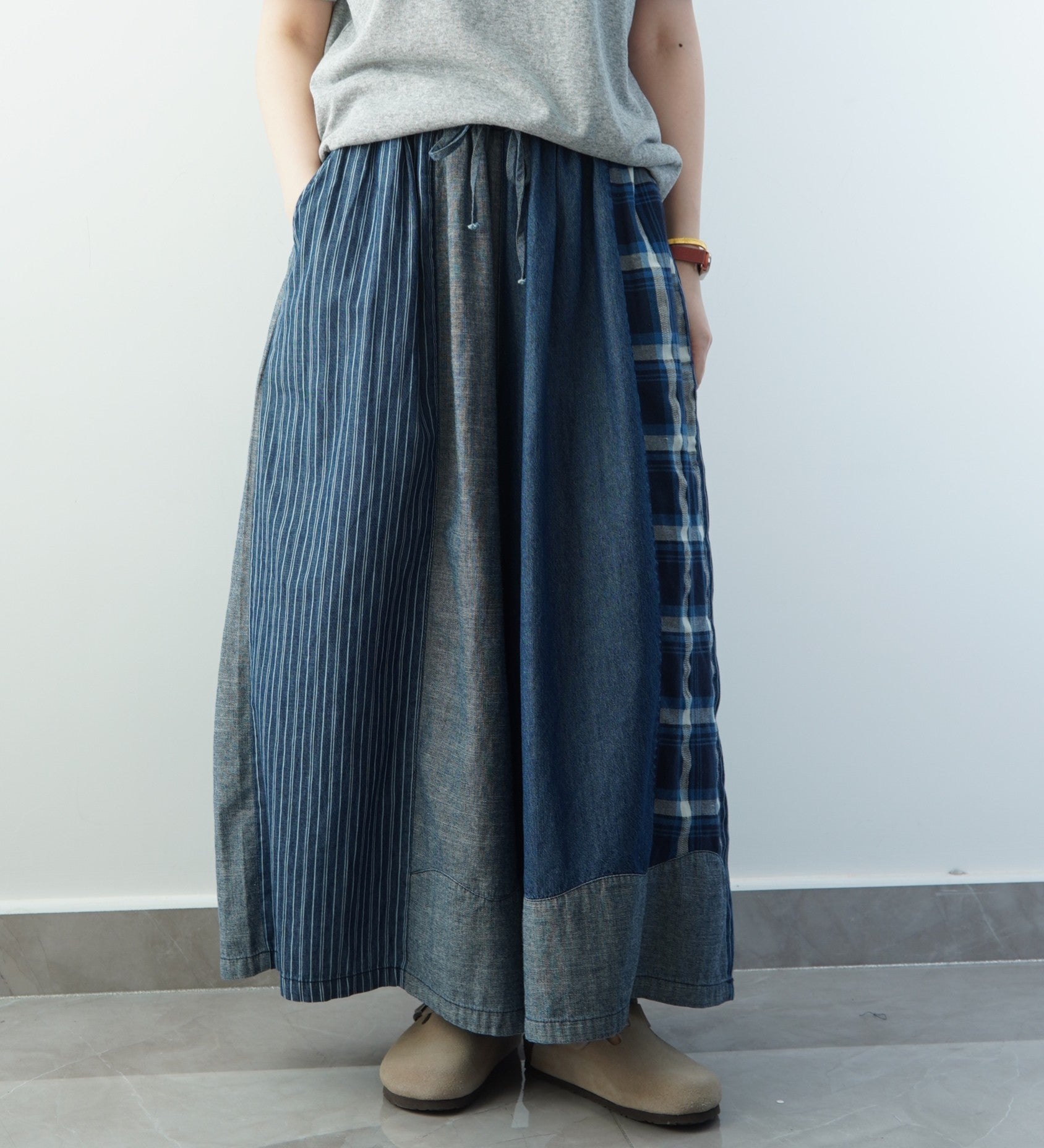 100% Cotton! Color Block Retro Denim Wide Leg Skirt Pants