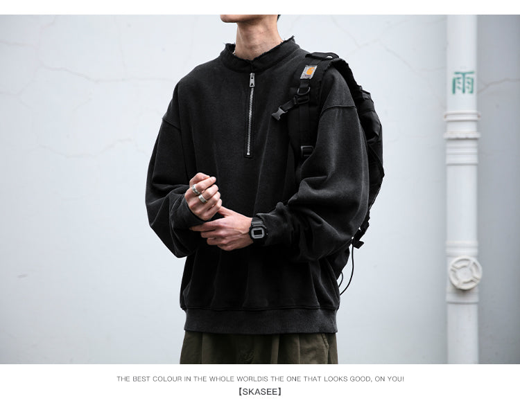 Unisex 465g Washed Vintage Sweatshirt - Boxy Half-Zip Snowflake Knit Pullover