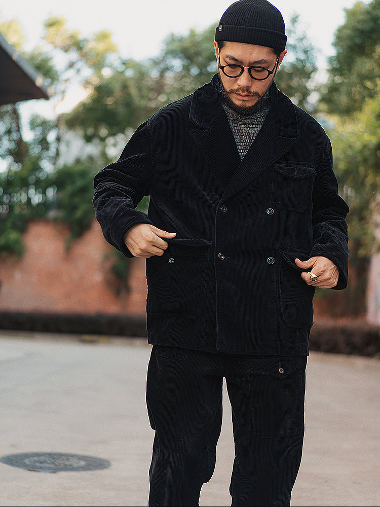 Retro Corduroy Double-Breasted Peak-Lapel Blazer – Loose 70s-Style Vintage Coat