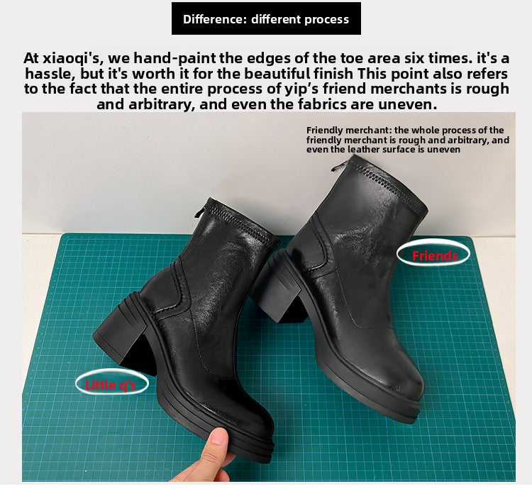 Women's Retro Genuine Leather Martin Boots - Brown Cowhide Thick-Soled Back-Zip Chunky Heel Boots