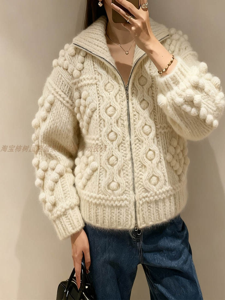 Women's Winter Wool Sweater Coat - Japanese Handmade Thick Yarn Ball Zipper Loose Knitted Top