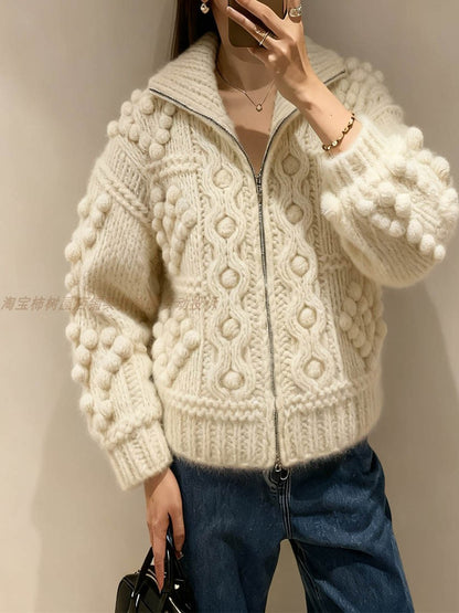 Women's Winter Wool Sweater Coat - Japanese Handmade Thick Yarn Ball Zipper Loose Knitted Top