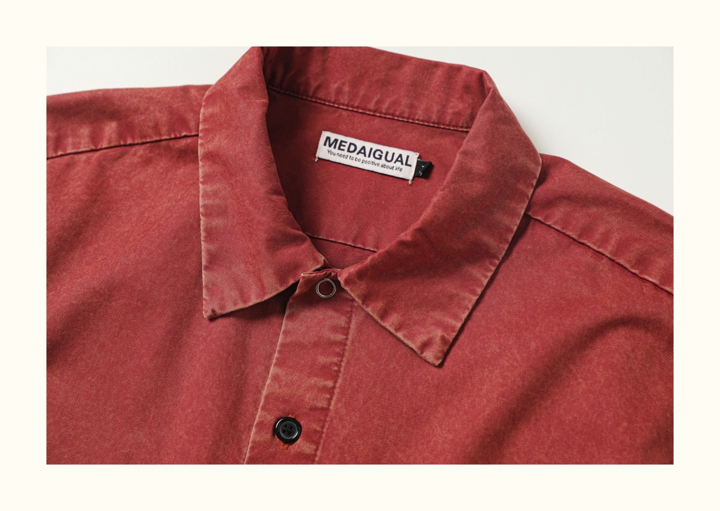 Heavy Washed Patch Embroidery Street Cotton Loose Shirt Men Skateboarding Street Dance Rust Red Short Sleeve