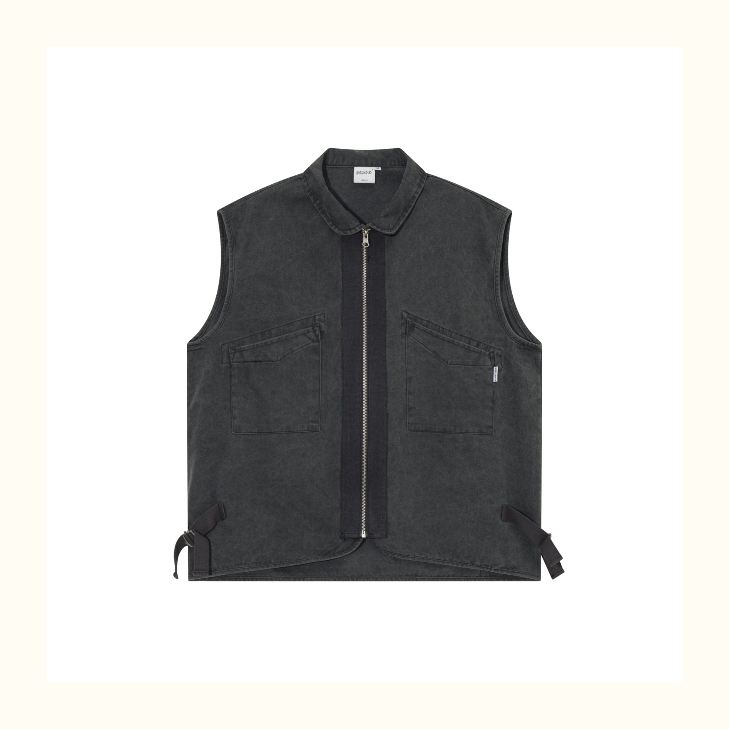 Japanese Vintage Washed Denim Sleeveless Workwear Vest – Retro Layered Pocket Style