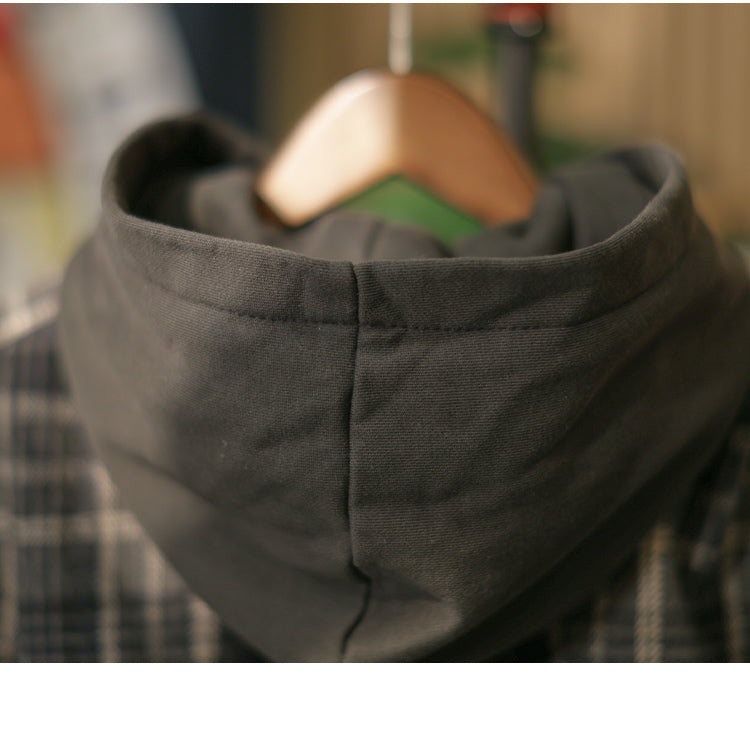Men's Japanese Style Fake Two-Piece Hooded Plaid Cotton Jacket