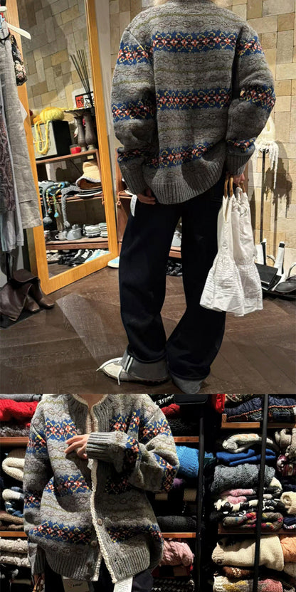 South Korea Nine-Bananas Fair Isle Lace-Trim Sweater Coat – Vintage Wool Blend, Cozy Retro Statement