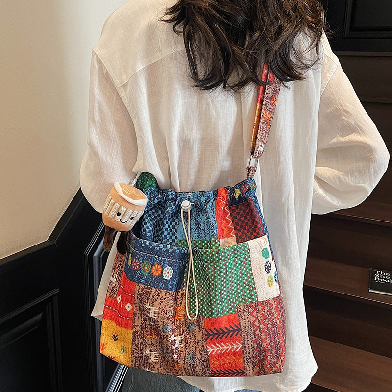 Niche Original Retro Color-Block Ethnic Style 2025 Spring New Denim Bag Single Shoulder Crossbody Canvas Bag for Women