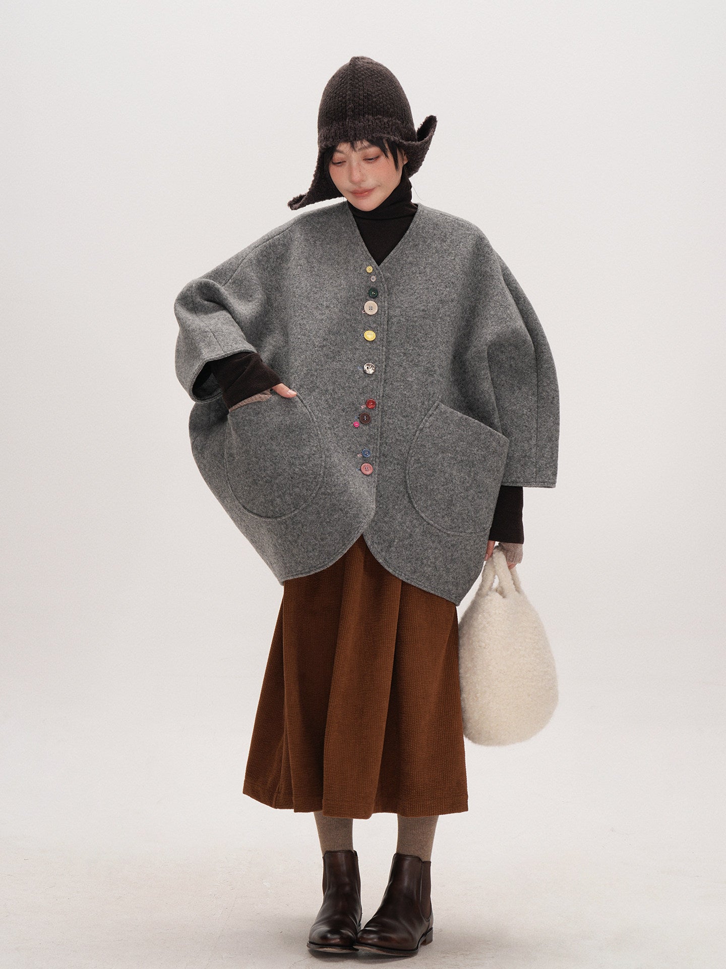 Smoke Gray Composite Wool Batwing Sleeve Cardigan - Irregular Button Coat (Women)