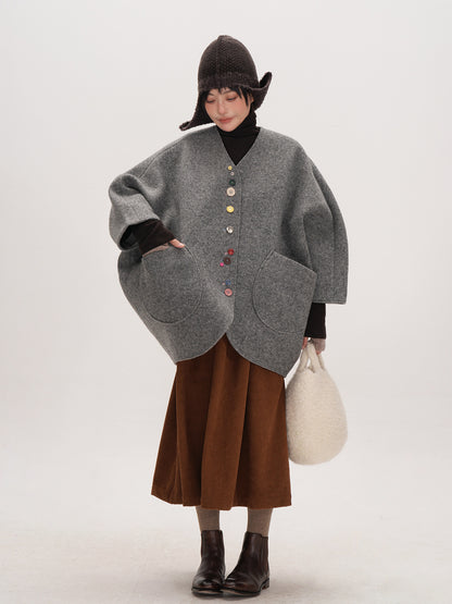 Smoke Gray Composite Wool Batwing Sleeve Cardigan - Irregular Button Coat (Women)