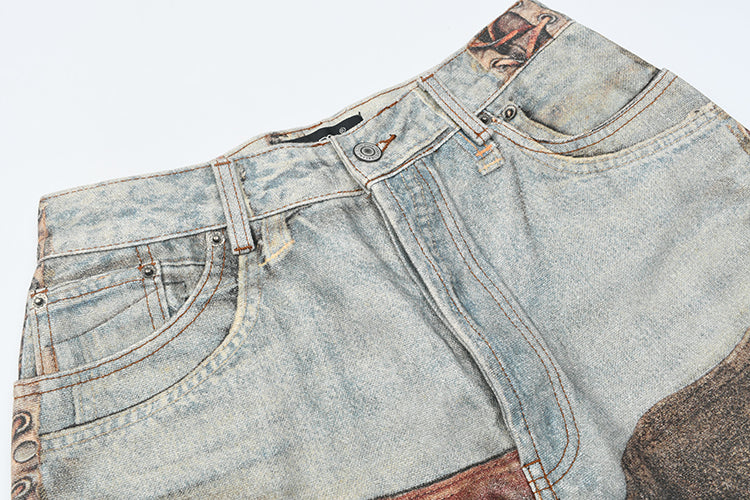 Beauty tide retro old hole patch 3D printing jeans dyed loose wide-leg pants
