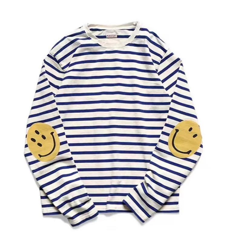 Japanese men's and women's striped four-eye smiley face print casual long-sleeved base shirt T-shirt