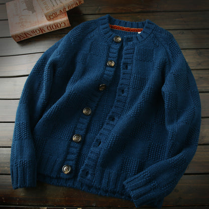 Men's High-End Italian Order Heavyweight Wool Cardigan - Autumn Winter Thickened Round Neck Knitted Sweater Jacket