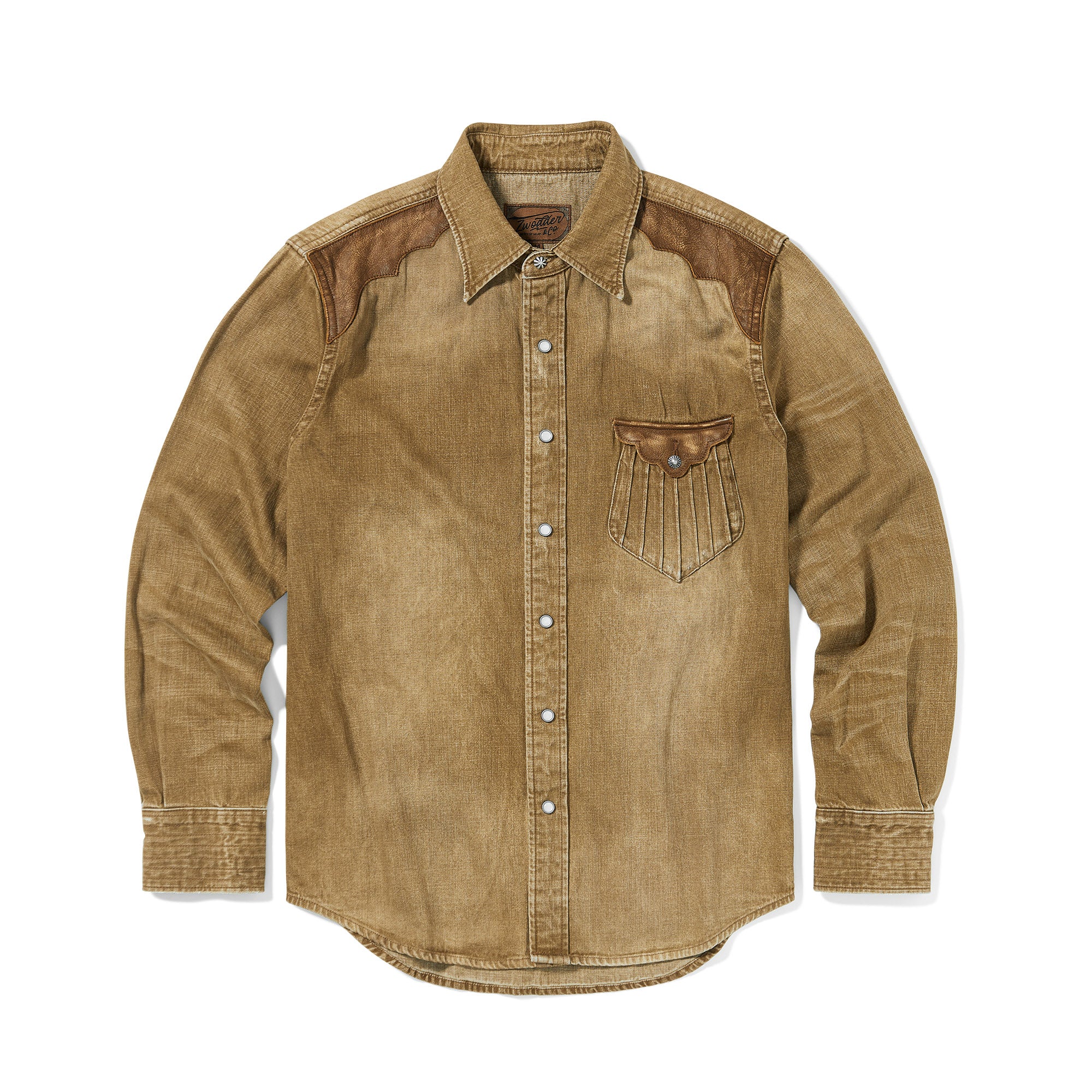 Zwodder Leather-Accent Patchwork Denim Shirt – Vintage American Washed Long Sleeve