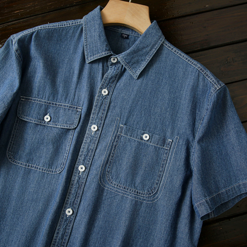 Pure Cotton Enzyme Wash! Export Surplus Men's Summer Turn-down Collar Denim Short Sleeve Shirt Top