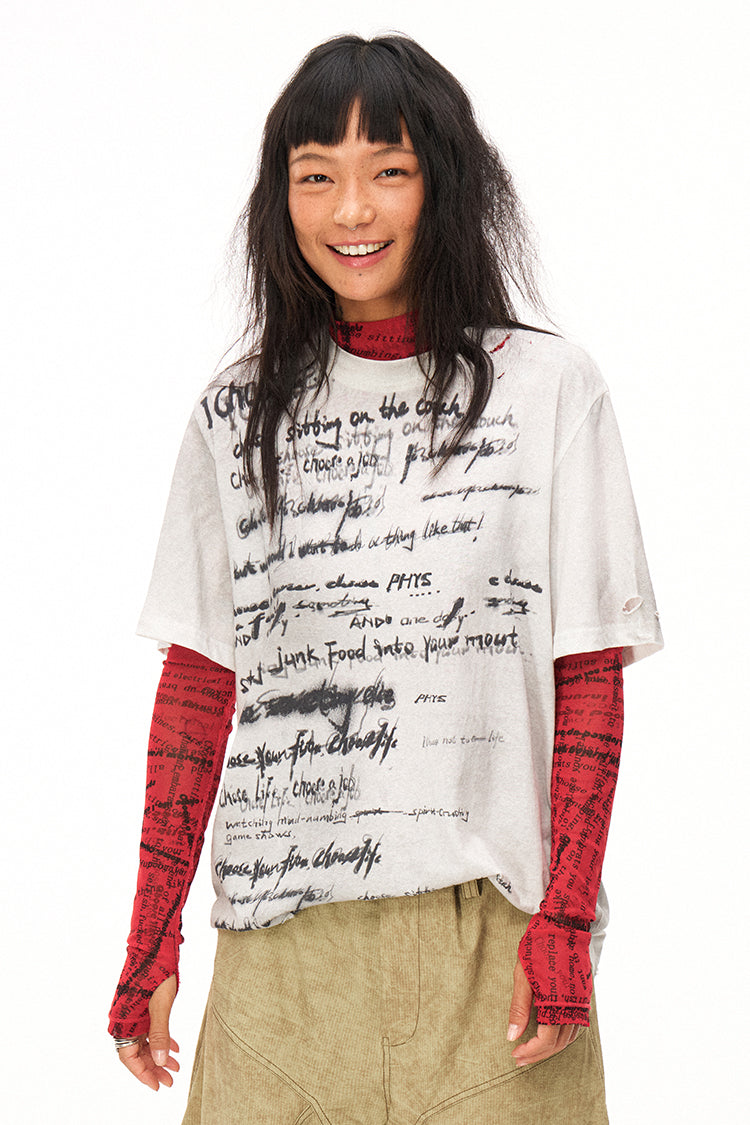 Handwritten Print Soft Skin-friendly Distressed Loose Short Sleeve T-shirt