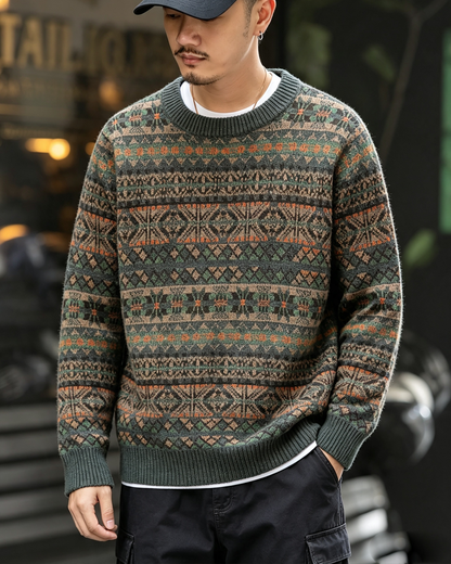 100% Wool Jacquard Stripe Crew Neck Sweater – Men's Thick Knit Pullover