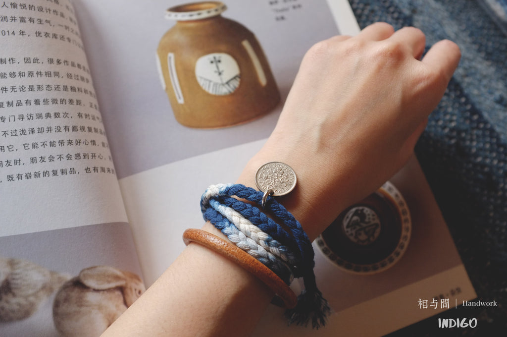 Sixpence Lucky Coin Blue Dyed Woven Bracelet Amekaji Indigo National Trend Couple Bracelet