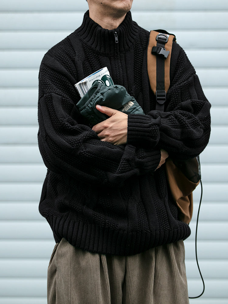 Men's Winter Heavyweight Cable Knit Sweater - American Retro Half-Zip Stand Collar