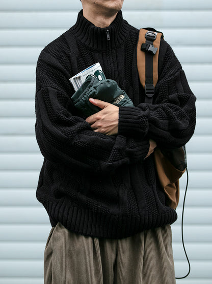 Men's Winter Heavyweight Cable Knit Sweater - American Retro Half-Zip Stand Collar